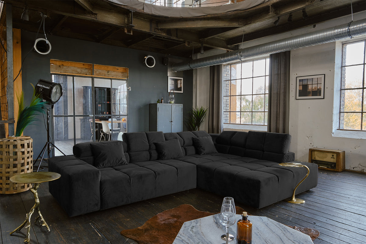 B-Ware KAWOLA Sofa NEVADA Ecksofa Velvet schwarz Recamiere rechts mit motorischem Sitzvorzug
