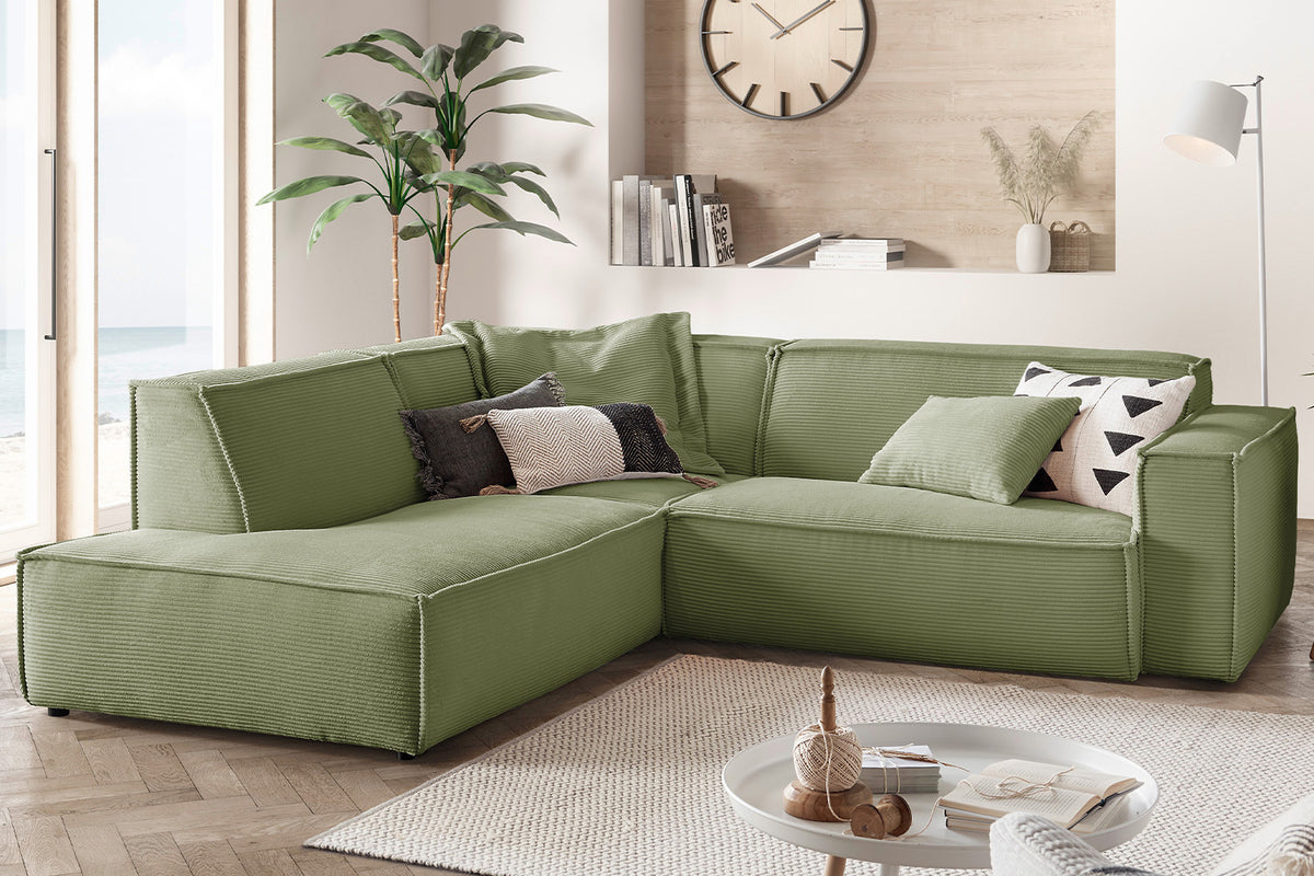B-Ware KAWOLA Sofa SAMU Ecksofa Cord olivgrün Recamiere links