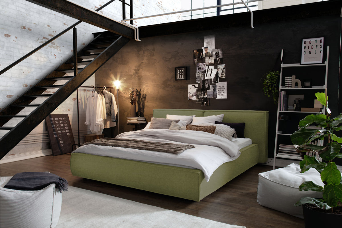 KAWOLA Bett CARLO Polsterbett Stoff olivgrün, 200 x 160 cm