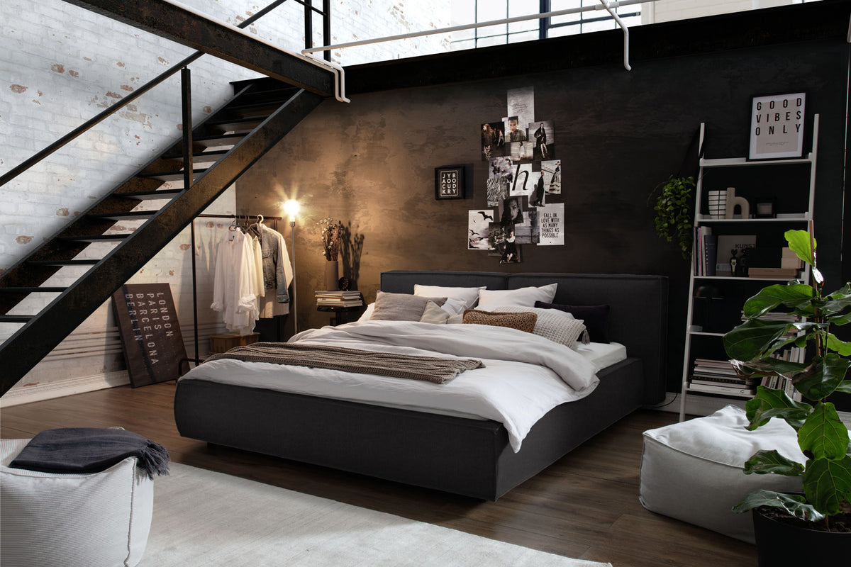 KAWOLA Bett CARLO Polsterbett Stoff schwarz, 200 x 140 cm