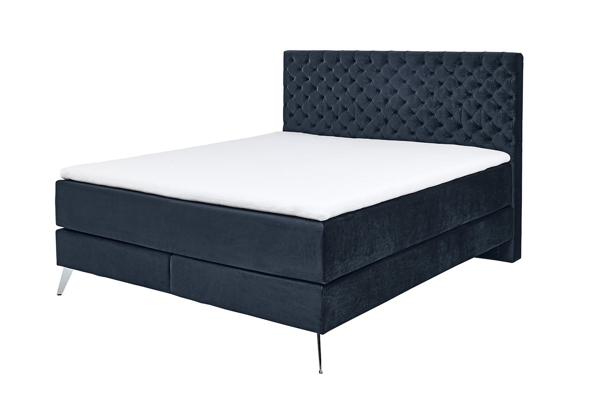 KAWOLA Bett SINDAR Boxspringbett Stoff dunkelblau Fuß silber ohne Topper