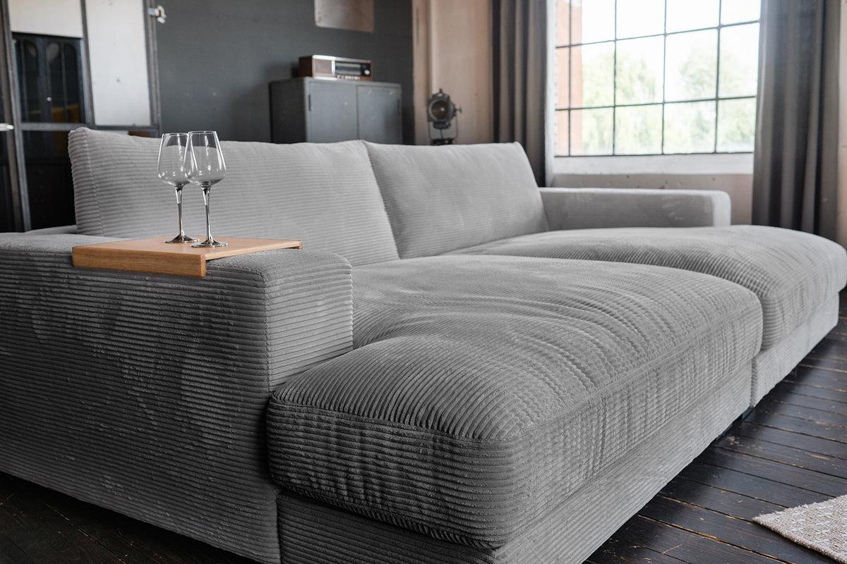 KAWOLA Big Sofa MADELINE Cord grau mit Hocker und 4 Zierkissen