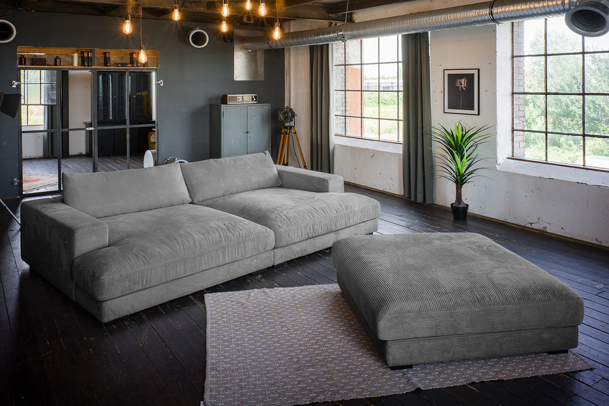 KAWOLA Big Sofa MADELINE Cord grau mit Hocker und 4 Zierkissen
