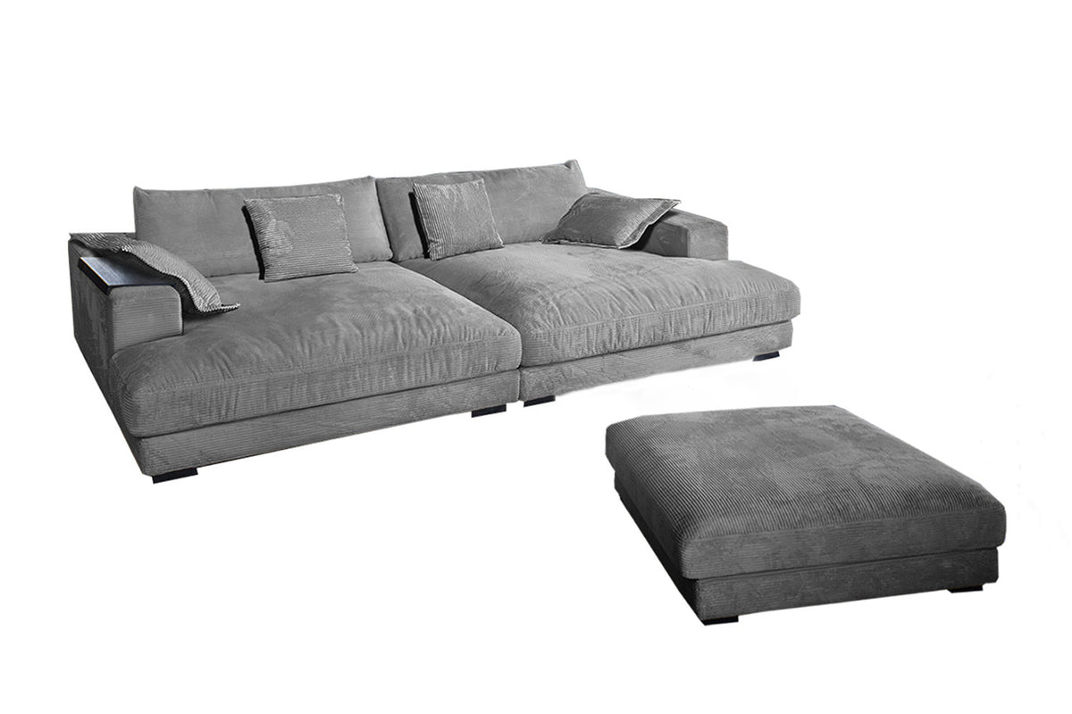 KAWOLA Big Sofa MADELINE Cord grau mit Hocker und 4 Zierkissen