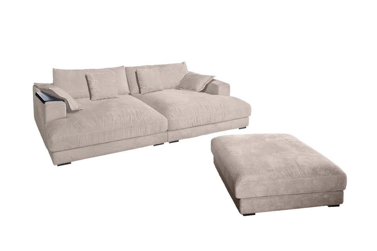 KAWOLA Big Sofa MADELINE Cord taupe mit Hocker und 4 Zierkissen