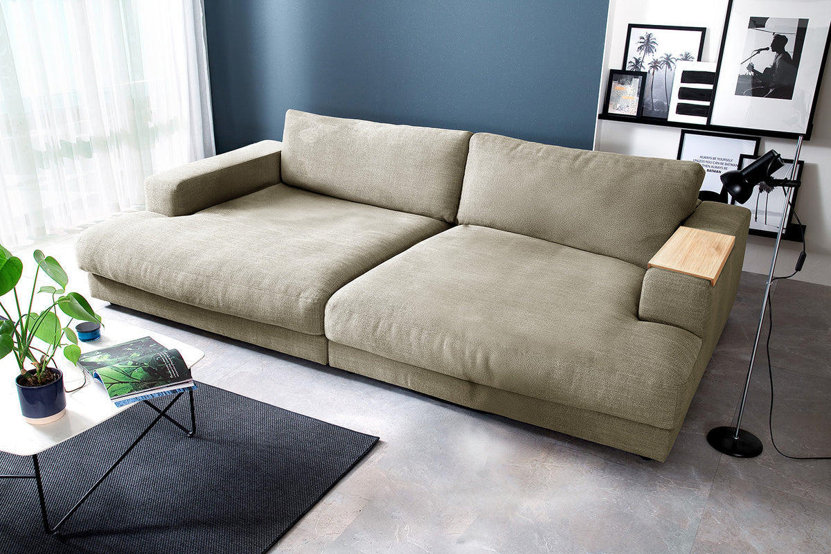 KAWOLA Big Sofa MADELINE Stoff cremeweiß, 290 x 170, mit Holztablett natur