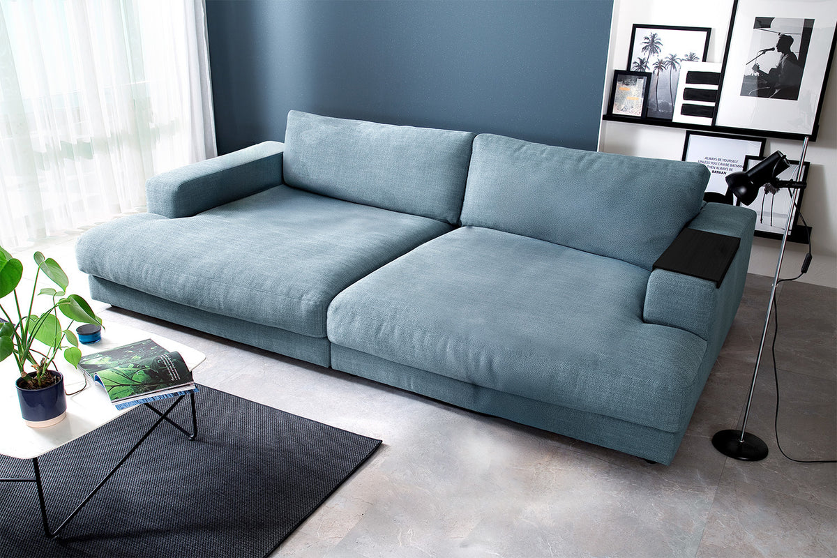 KAWOLA Big Sofa MADELINE Stoff petrol, 290 x 170, mit Holztablett schwarz
