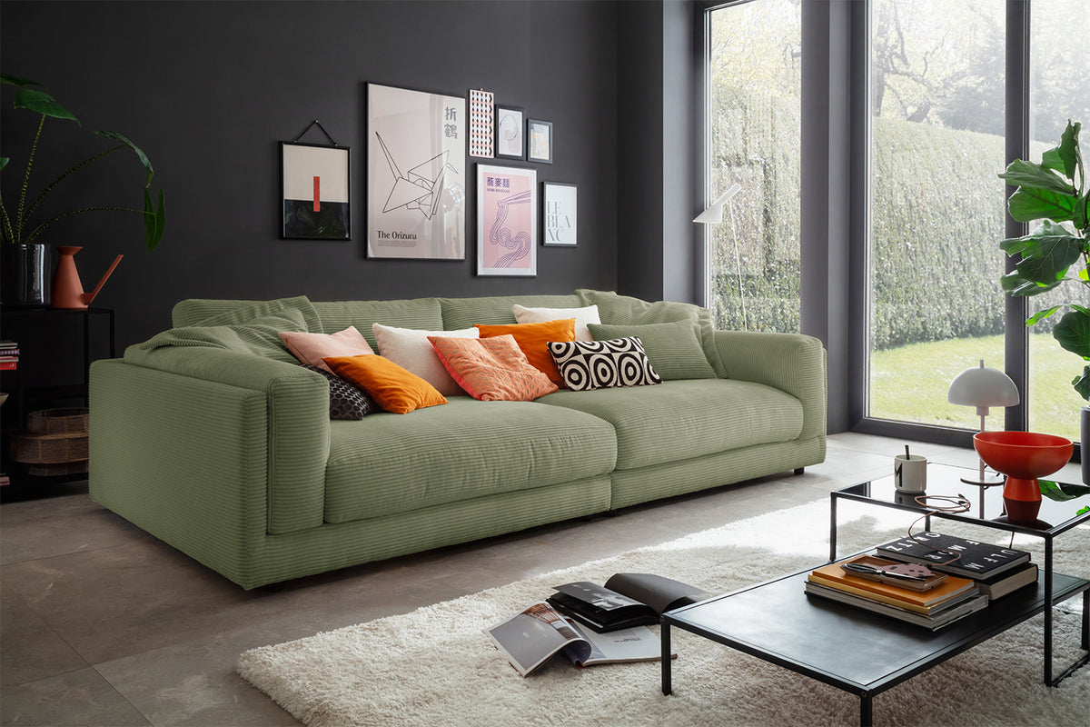 KAWOLA Big Sofa RAINA Cord olivgrün, 294 x 150