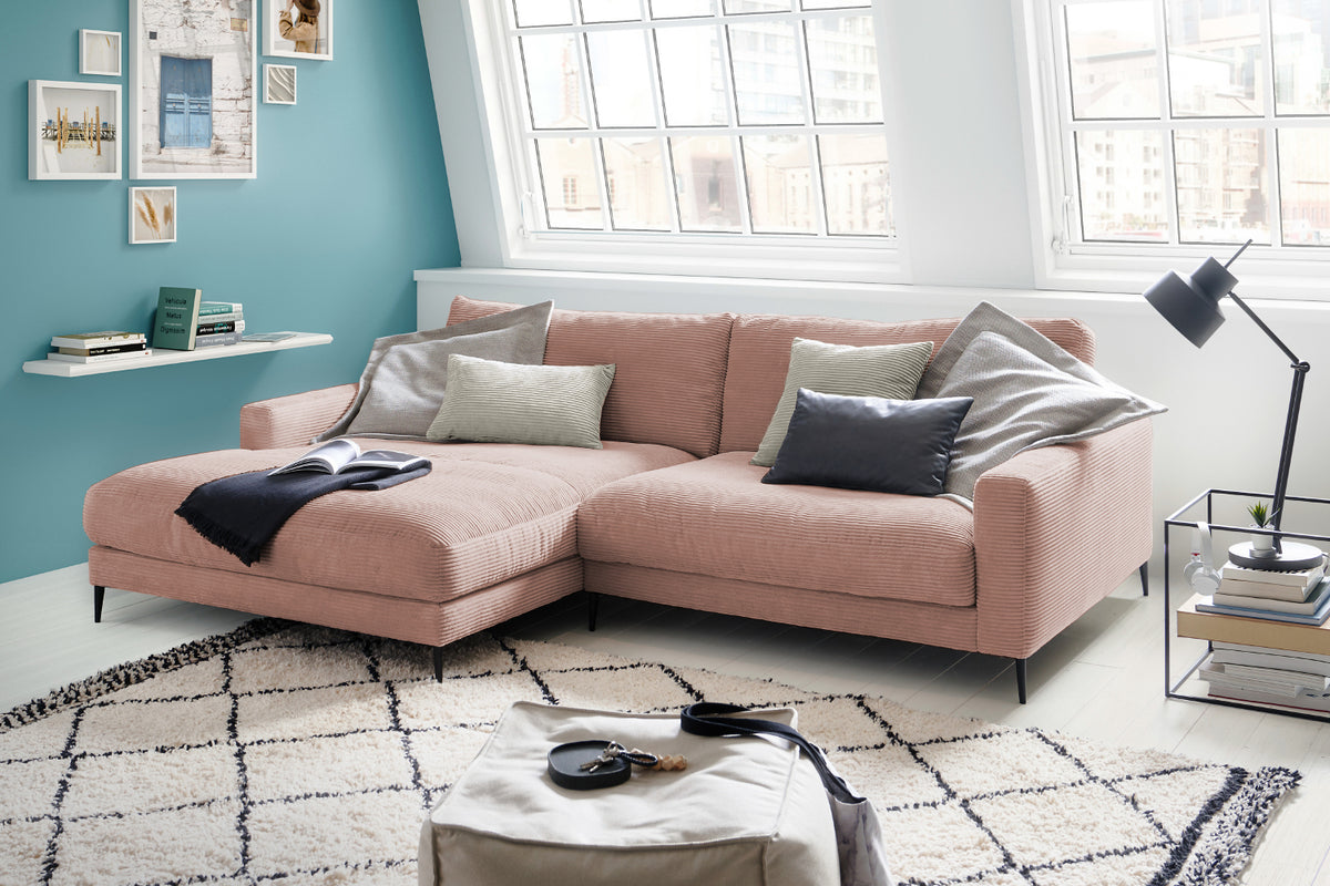 KAWOLA Ecksofa CARA Sofa Cord rosa, Links