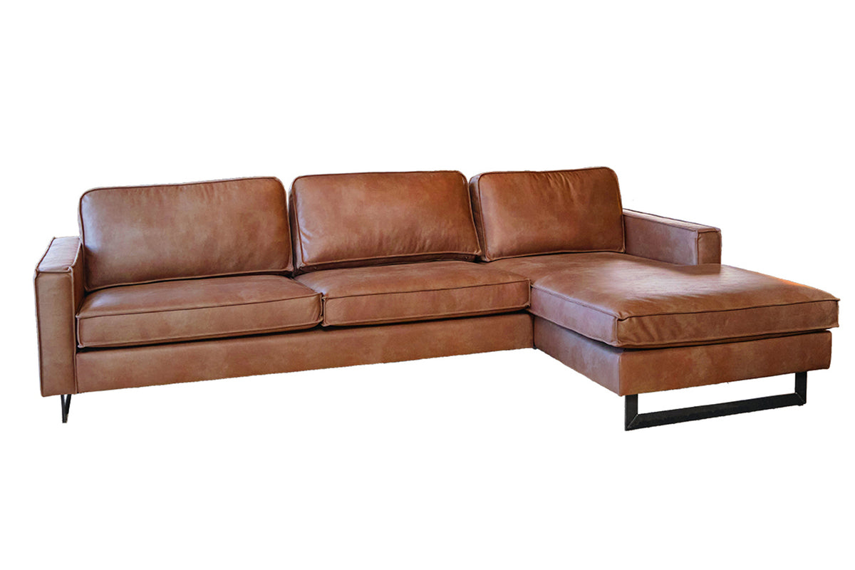 KAWOLA Ecksofa VILNIUS 3-Sitzer mit Longchair Lederfaserstoff cognac
