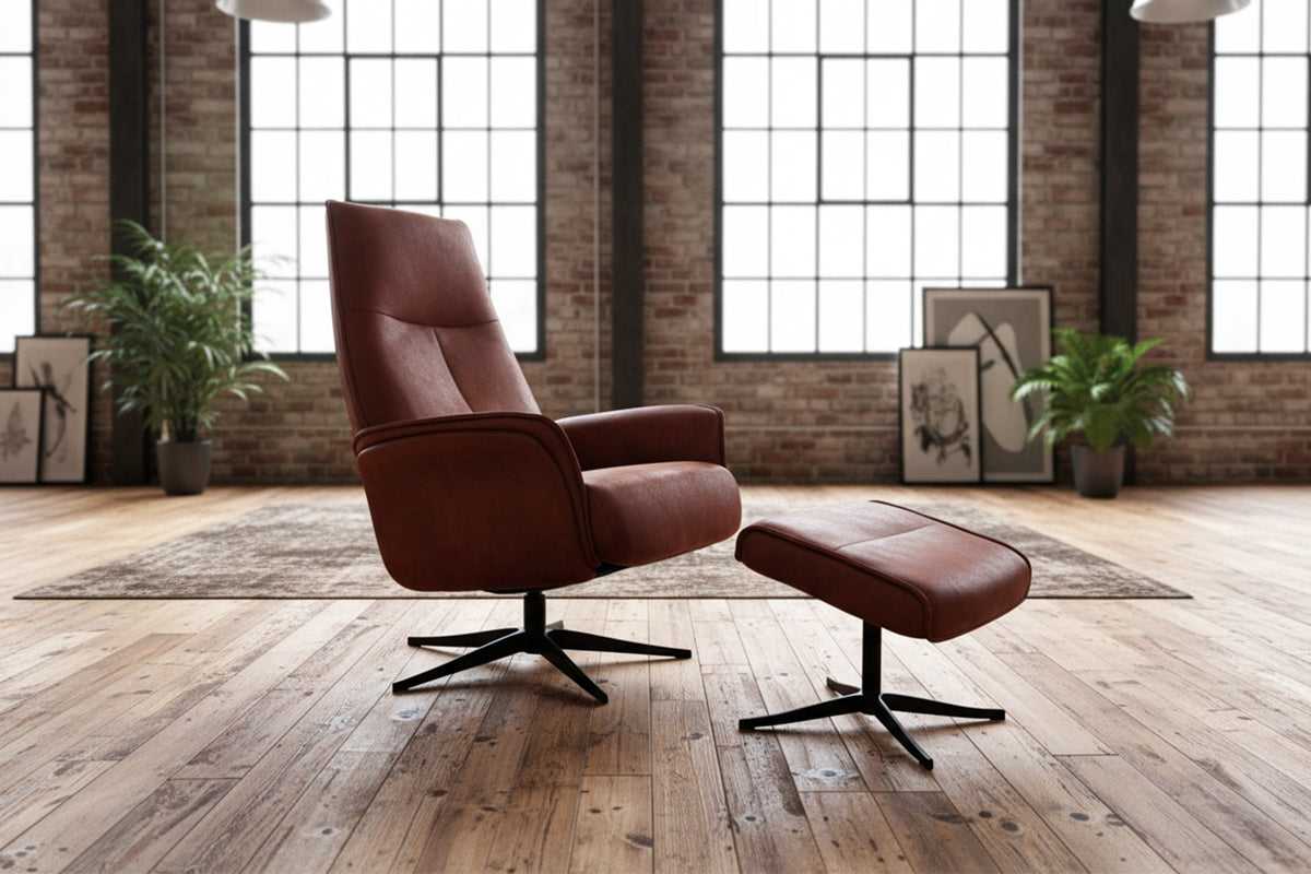 KAWOLA Relaxsessel JOSIANE Drehsessel Lederfaserstoff cognac mit Hocker