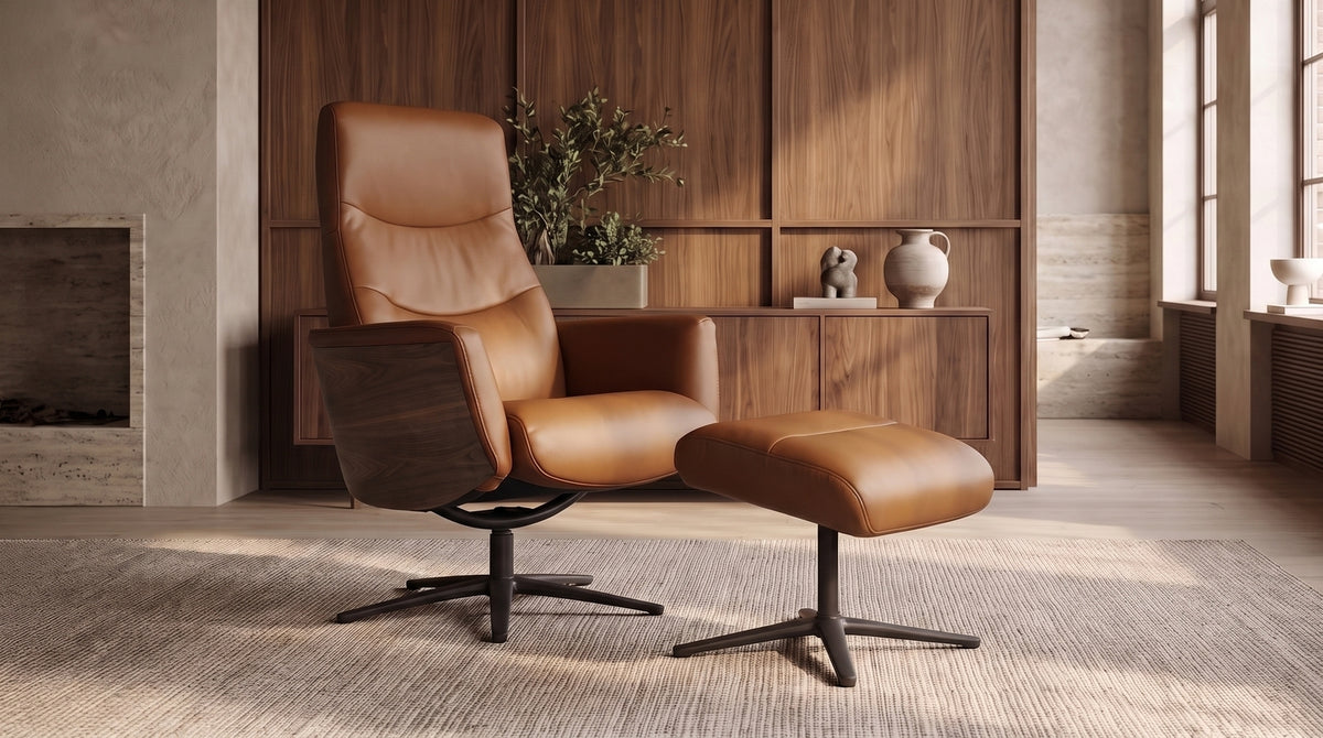 KAWOLA Relaxsessel VANITAS Drehsessel Leder braun mit Hocker, Armlehne Nussbaum
