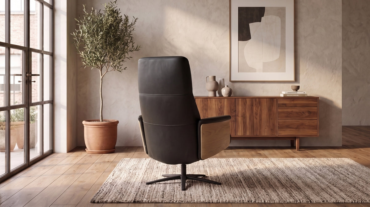 KAWOLA Relaxsessel VANITAS Drehsessel Leder schwarz mit Hocker