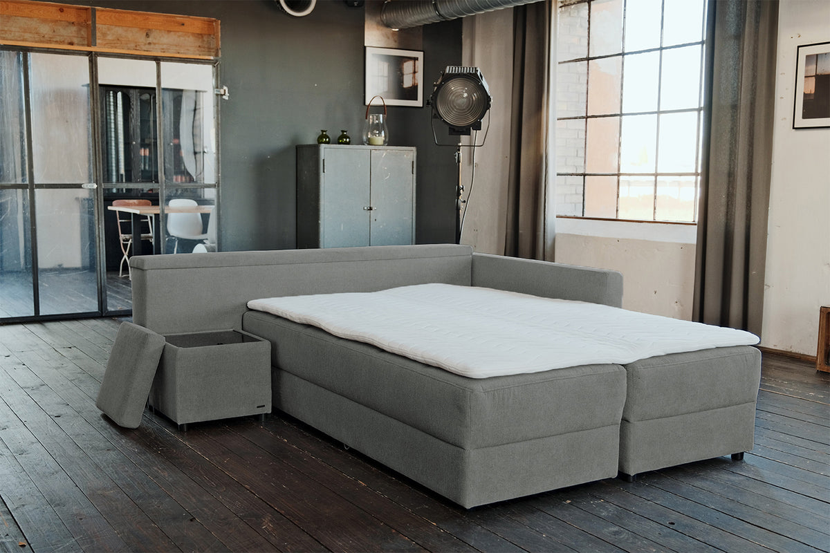 KAWOLA Schlafsofa IDA Sofa Boxspringbett Stoff anthrazit mit Topper