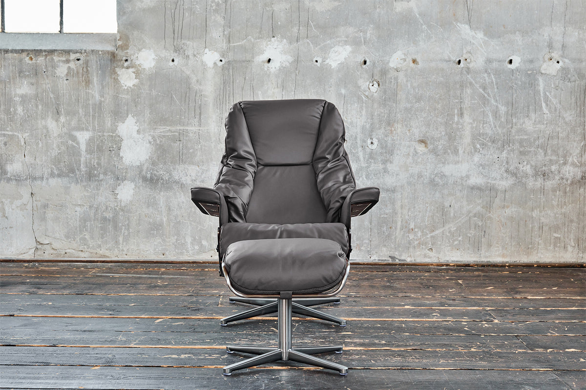 KAWOLA Sessel MODO Relaxsessel drehbar Leder dunkelgrau mit Hocker
