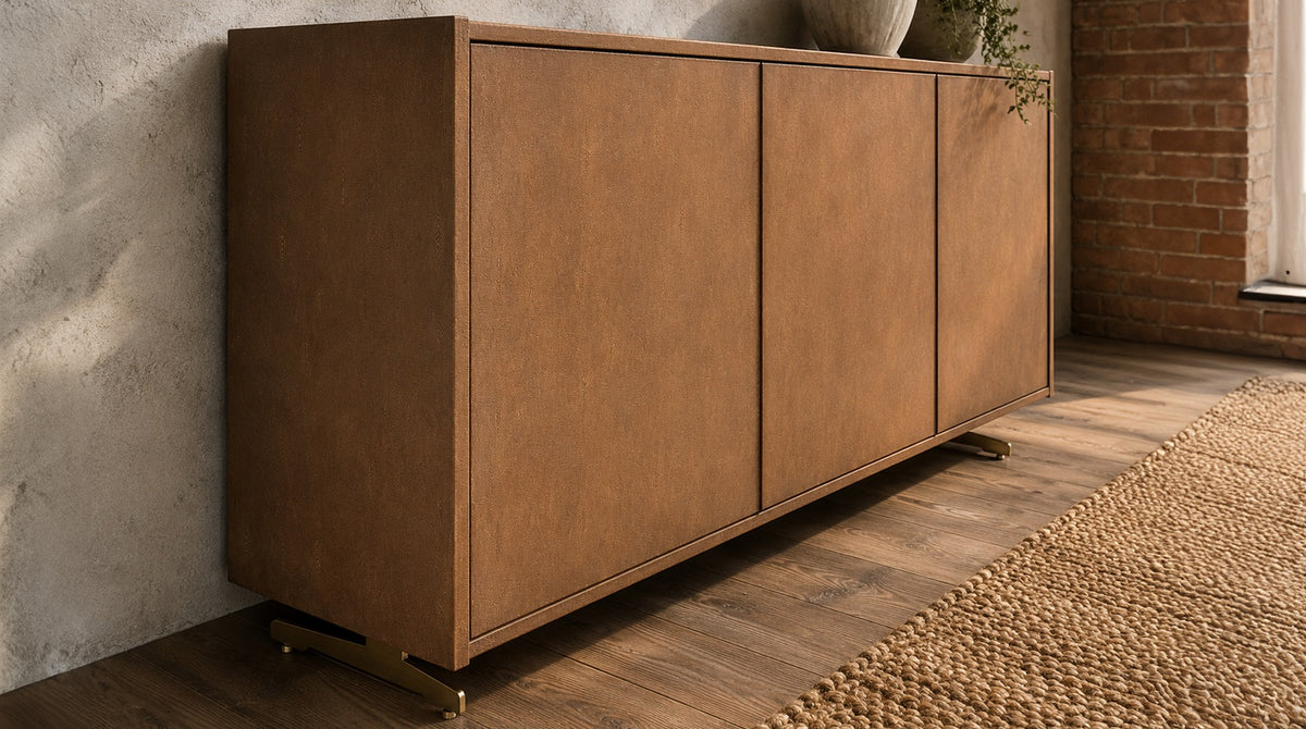 KAWOLA Sideboard GALA 4 Türen Kunstleder goldfarben Fuß Edelstahl gebürstet