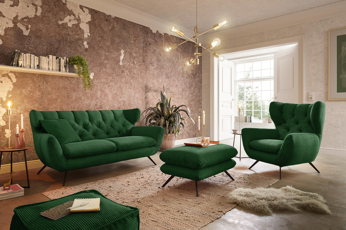 KAWOLA Sitzgruppe CHARME Sofa Sessel Hockerbank Cord smaragd, 4-Sitzer