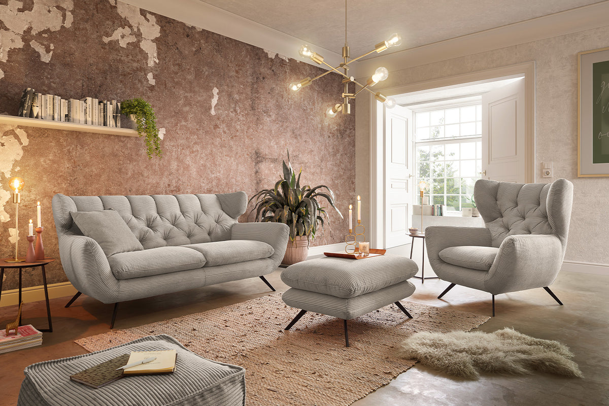 KAWOLA Sitzgruppe CHARME Sofa Sessel Hockerbank Cord steingrau, 3-Sitzer