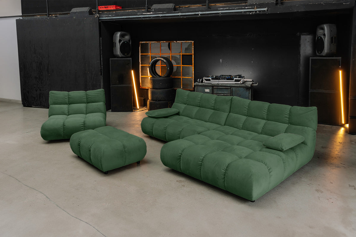 KAWOLA Sitzgruppe VIVIEN Ecksofa Drehsessel Hockerbank Velvet smaragd