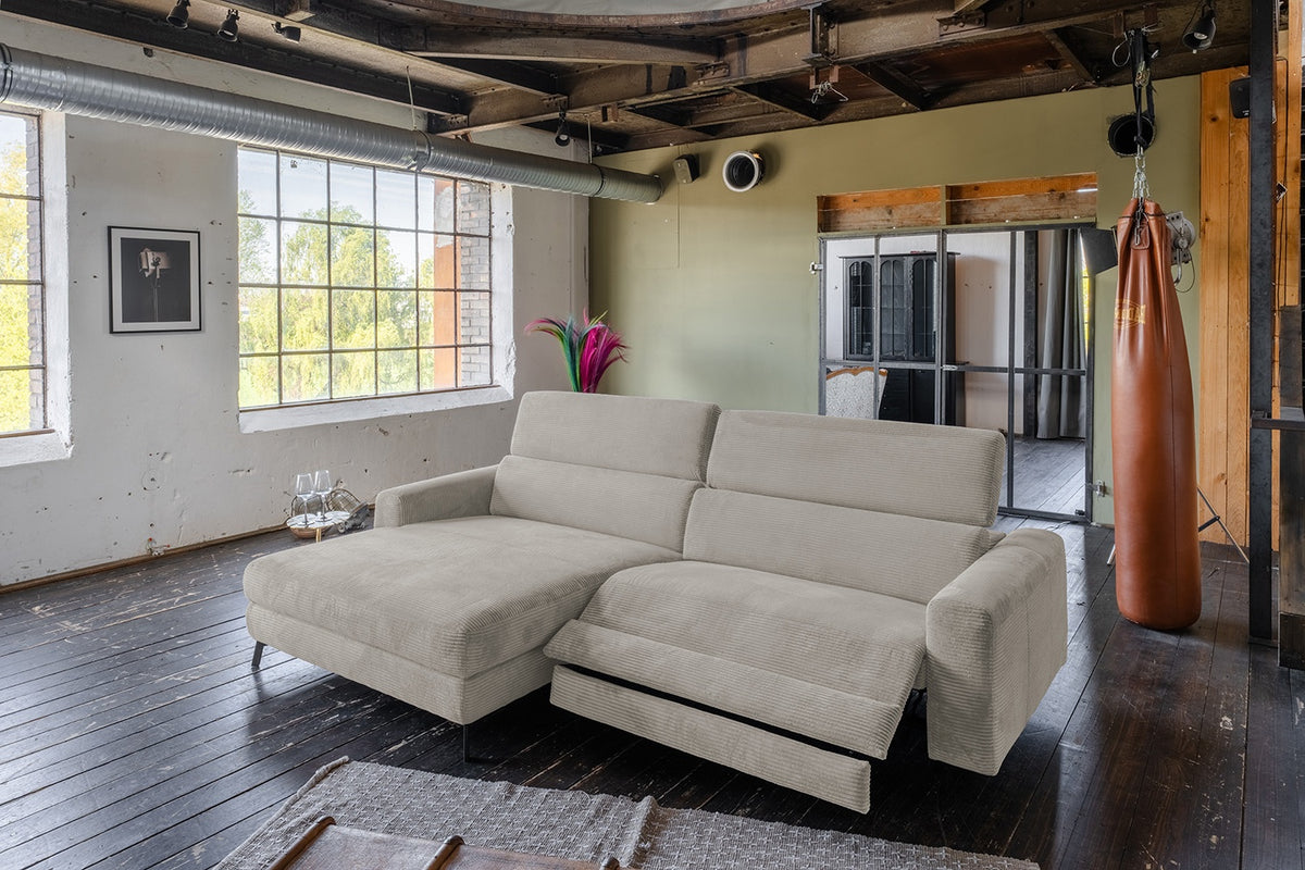 KAWOLA Sofa LAISKA Ecksofa Relaxfunktion teilmotorisch Cord steingrau, Links
