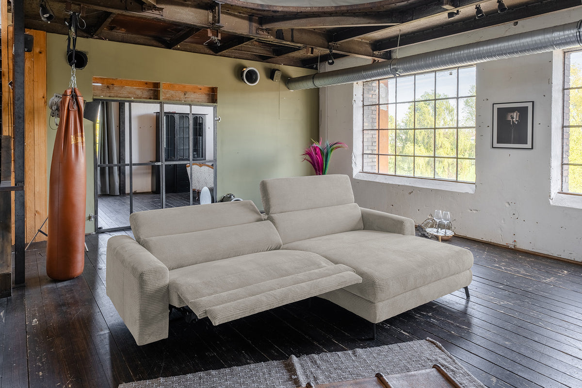 KAWOLA Sofa LAISKA Ecksofa Relaxfunktion teilmotorisch Cord steingrau