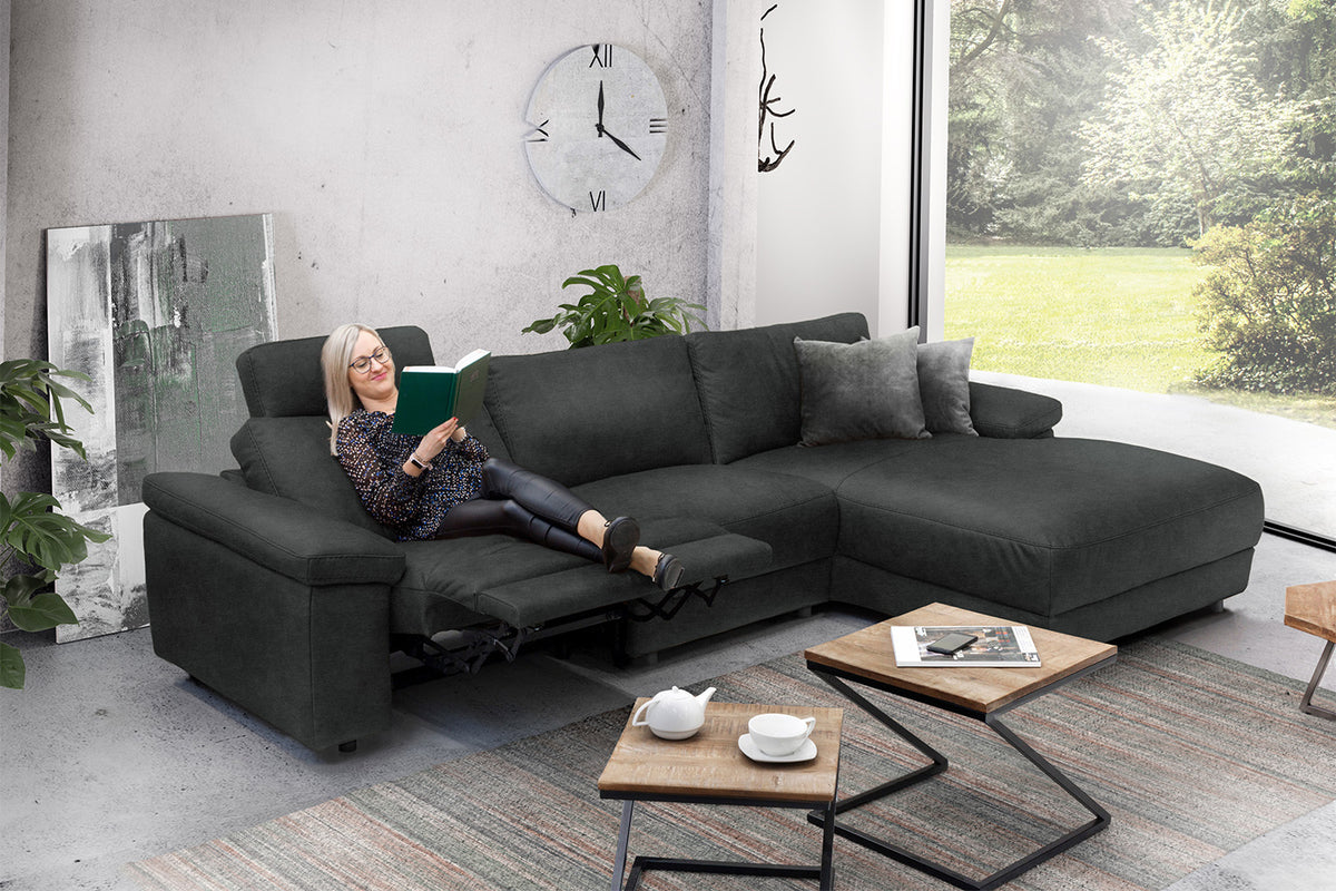KAWOLA Sofa LOLA Ecksofa Leder schwarz mit motorischer Relaxfunktion