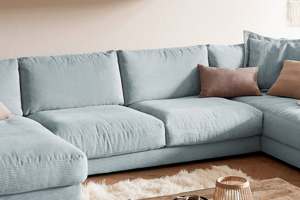 KAWOLA Sofa MADELINE Wohnlandschaft U-Form Cord hellblau