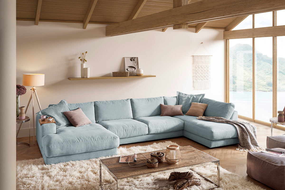KAWOLA Sofa MADELINE Wohnlandschaft U-Form Cord hellblau, Links
