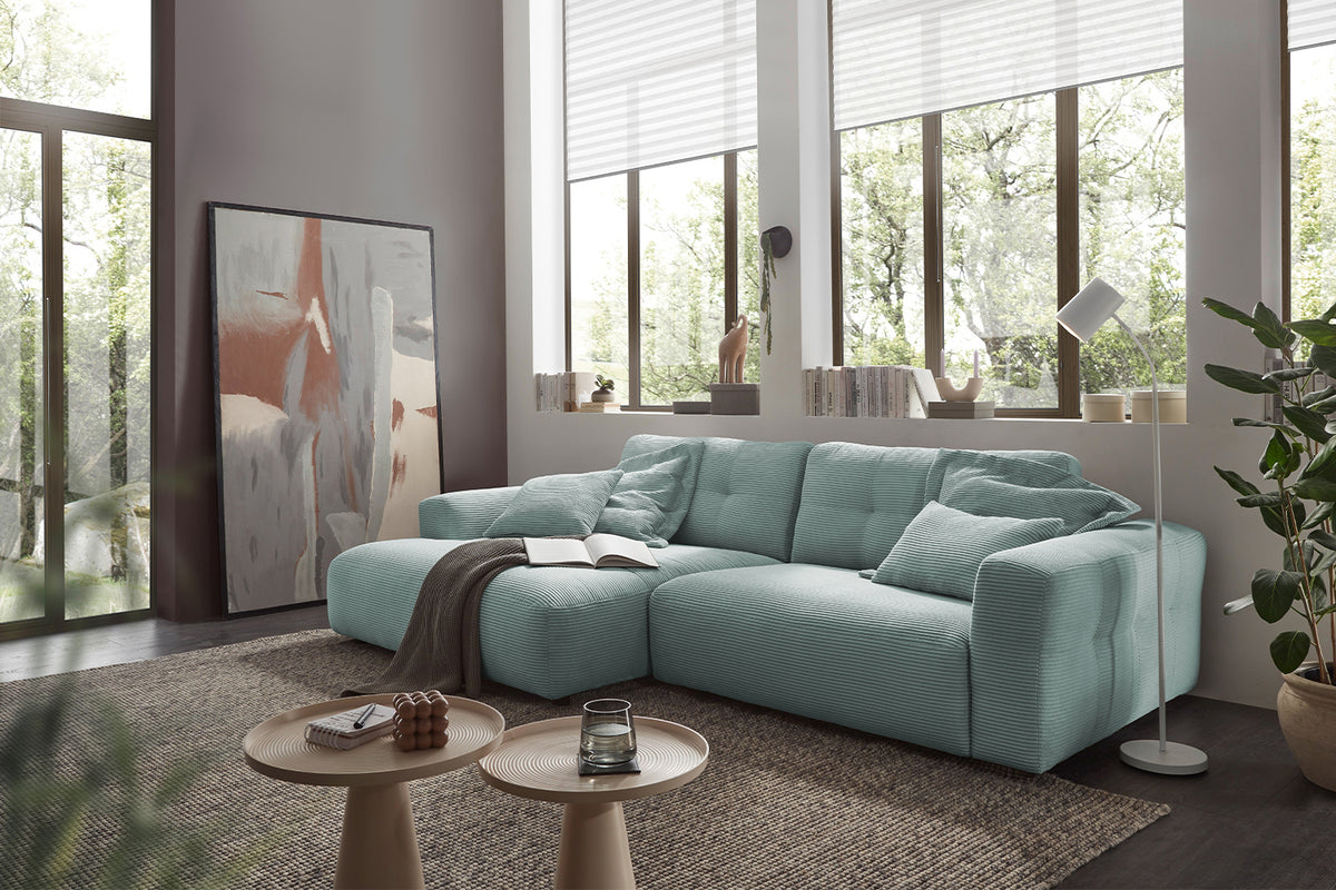 KAWOLA Sofa MIKA Ecksofa Cord hellblau, 296 x 167, Links