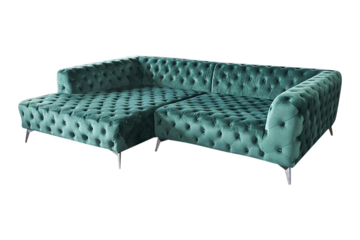 KAWOLA Sofa NARLA Ecksofa Chesterfield Stoff velvet grün Recamiere links