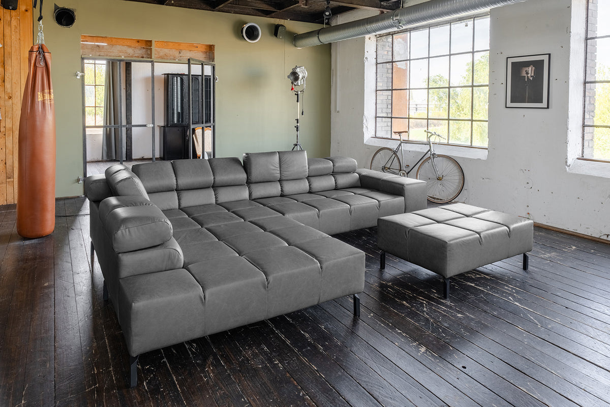 KAWOLA Sofa NELSON Ecksofa Leder anthrazit, Links, Mit Fußhocker, Ohne Komfortfunktion