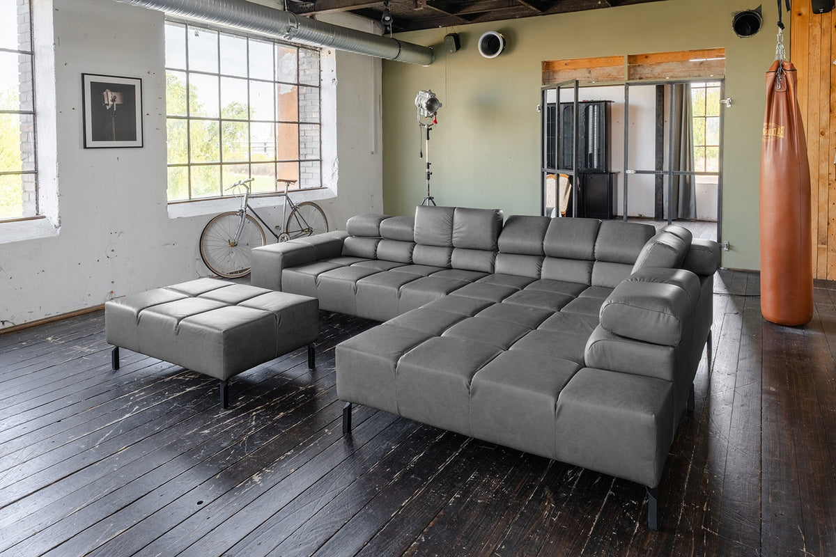KAWOLA Sofa NELSON Ecksofa Leder anthrazit, Rechts, Mit Fußhocker, Ohne Komfortfunktion