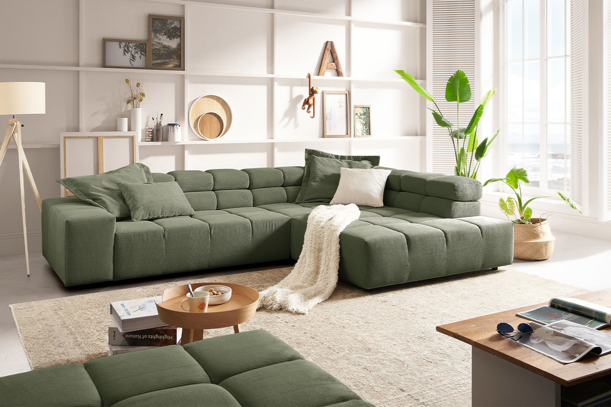 KAWOLA Sofa NEVADA Ecksofa Feincord olivgrün, Rechts, Ohne Komfortfunktion