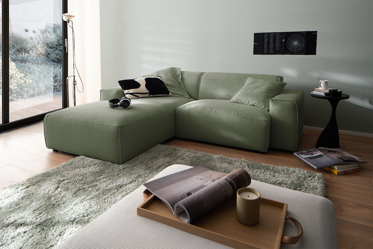 KAWOLA Sofa RANI Ecksofa Feincord olivgrün, Links