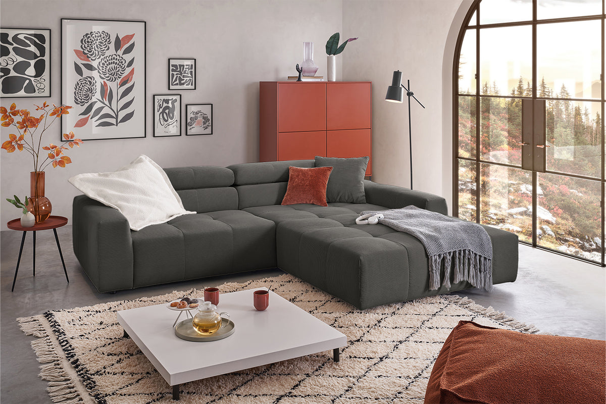 KAWOLA Sofa RENO Ecksofa Feincord anthrazit, Rechts, Relaxfunktion