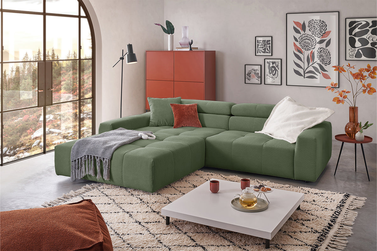 KAWOLA Sofa RENO Ecksofa Feincord olivgrün, Links, Ohne Komfortfunktion