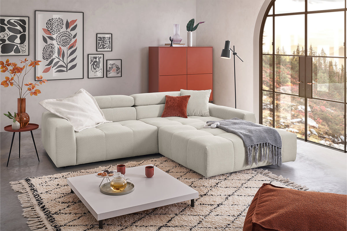 KAWOLA Sofa RENO Ecksofa Feincord silber, Rechts, Relaxfunktion
