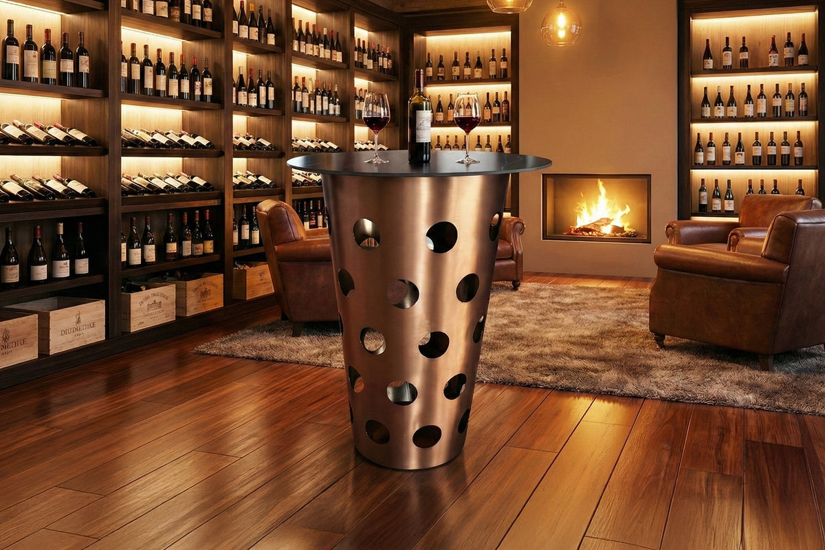 KAWOLA Tisch VINO Bartisch Keramik schwarz Gestell gebürsteter Edelstahl rosé gold, 80 x 80