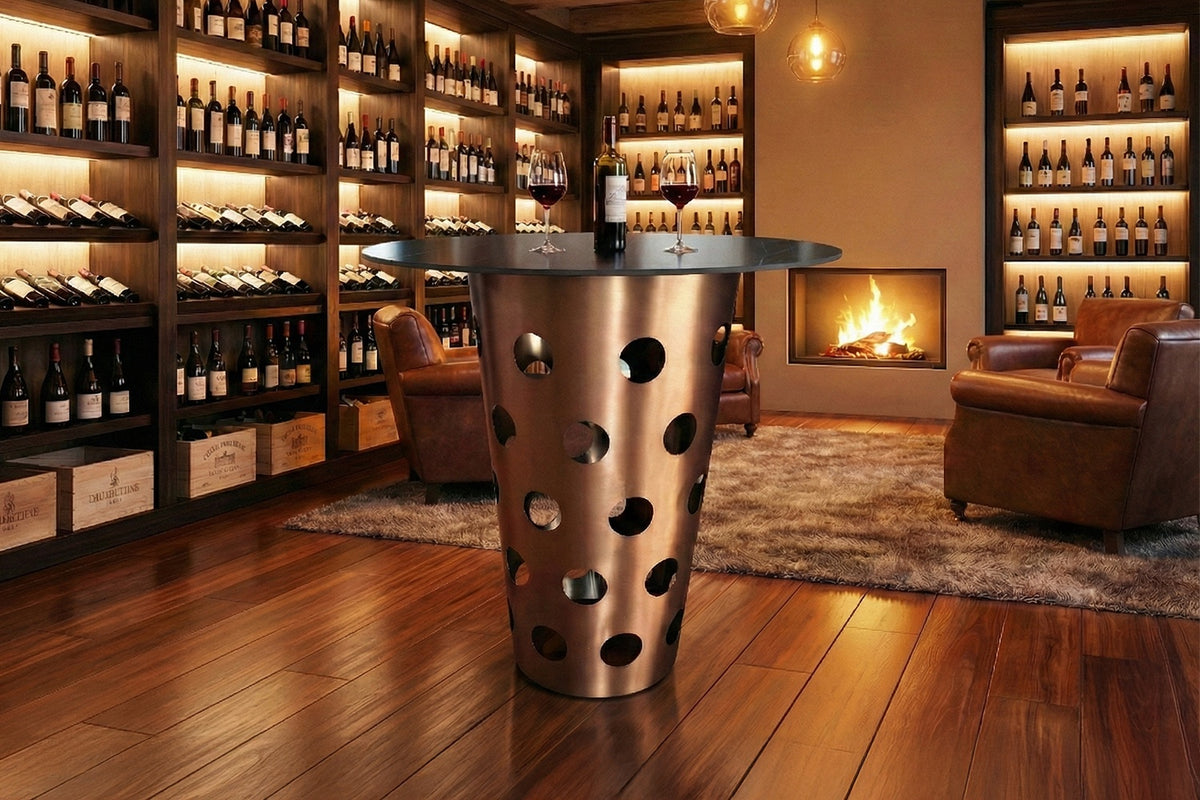 KAWOLA Tisch VINO Bartisch Keramik schwarz Gestell gebürsteter Edelstahl rosé gold, 90 x 90