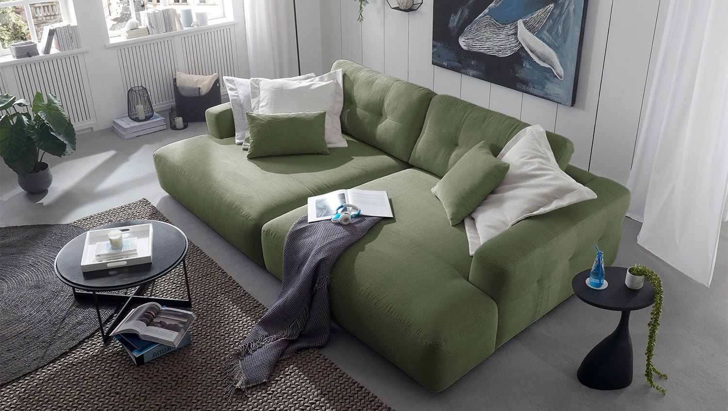 B-Ware KAWOLA Big Sofa MIKA Feincord olivgrün