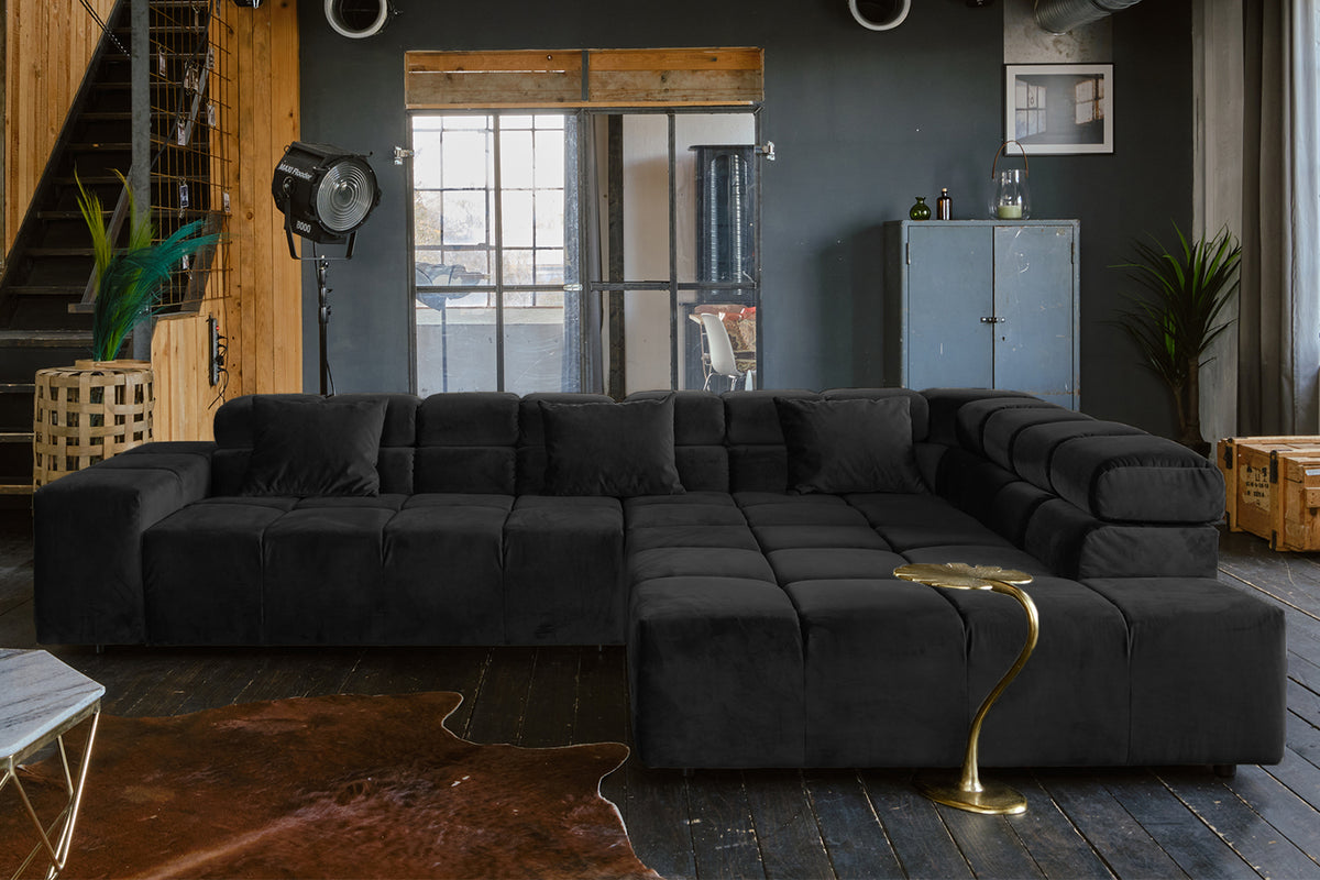 B-Ware KAWOLA Sofa NEVADA Ecksofa Velvet schwarz Recamiere rechts mit motorischem Sitzvorzug