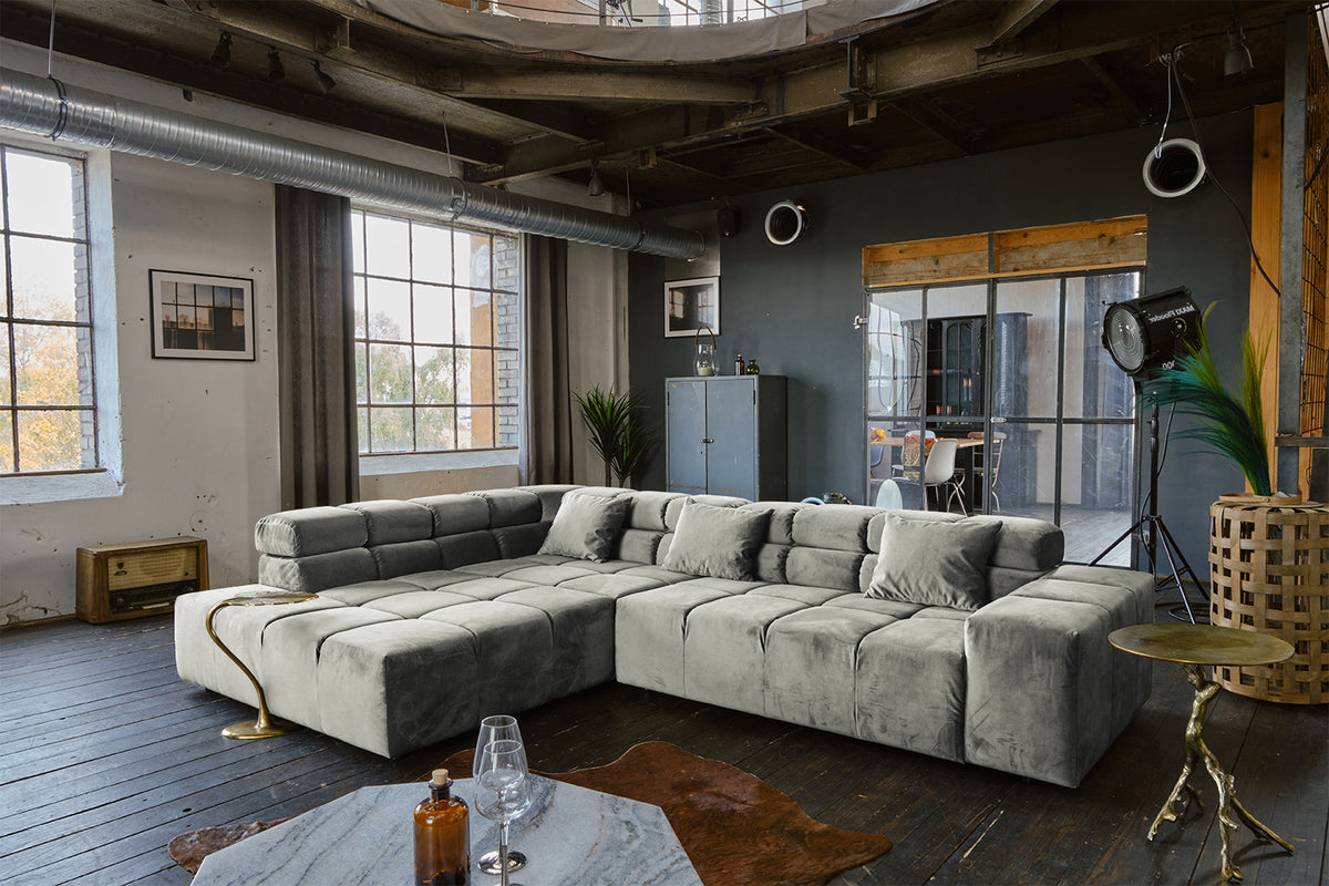 B-Ware KAWOLA Sofa NEVADA Ecksofa Velvet silber Recamiere links
