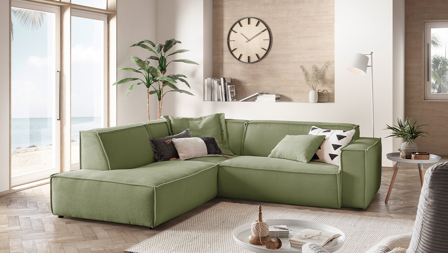 B-Ware KAWOLA Sofa SAMU Ecksofa Cord olivgrün Recamiere links