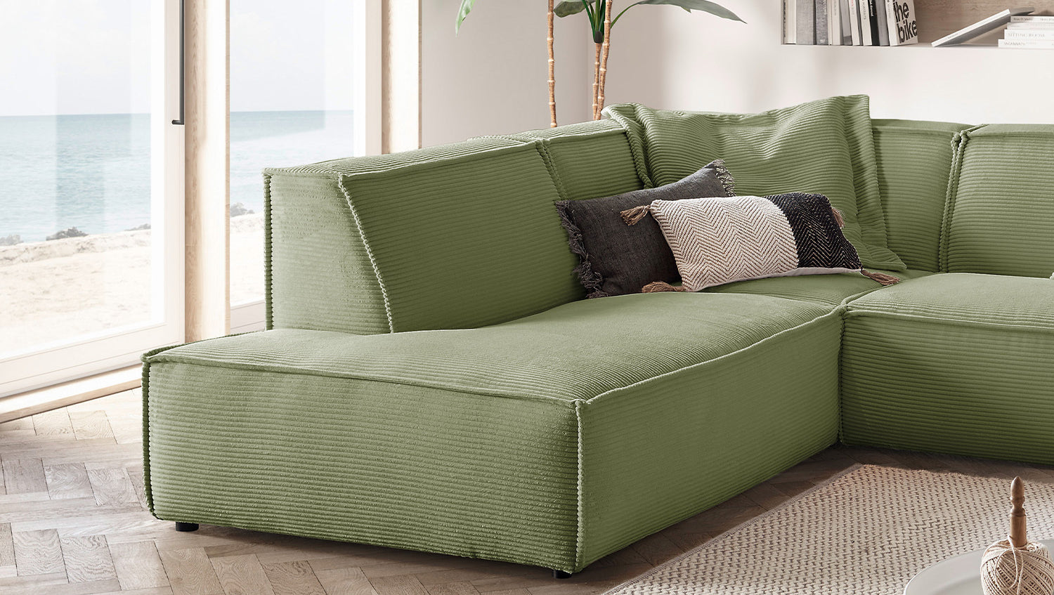 B-Ware KAWOLA Sofa SAMU Ecksofa Cord olivgrün Recamiere links