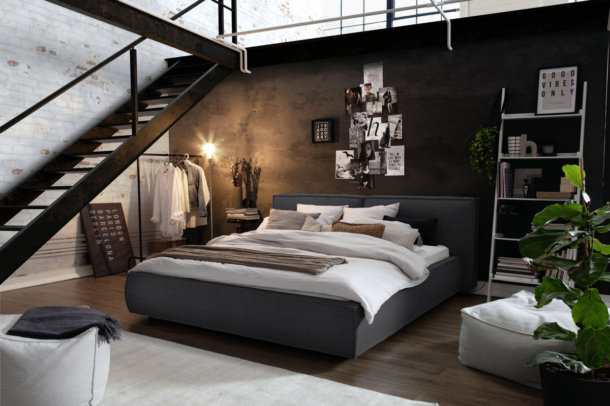 KAWOLA Bett CARLO Polsterbett Stoff dunkelgrau, 200 x 200 cm