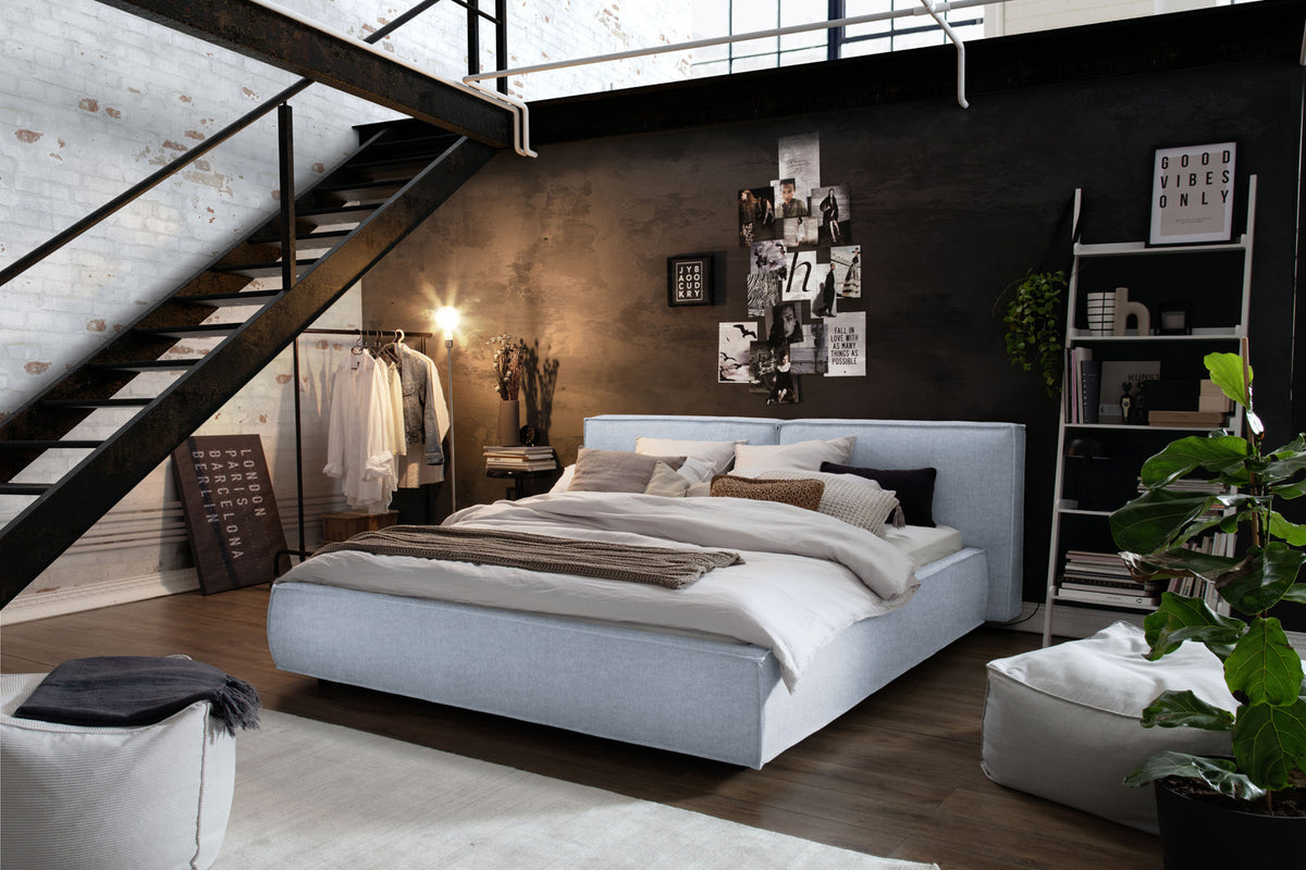 KAWOLA Bett CARLO Polsterbett Stoff hellblau, 200 x 160 cm