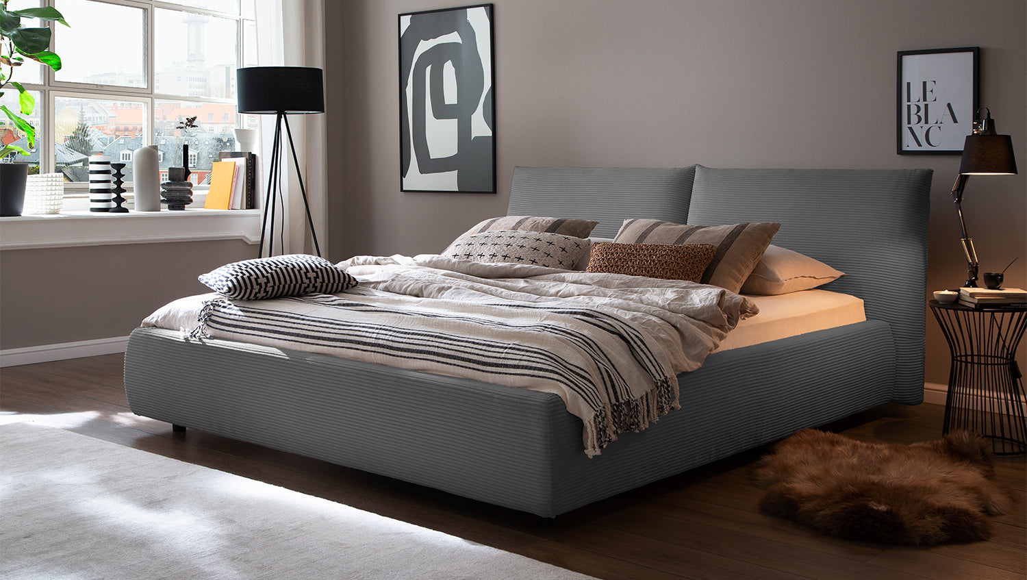 KAWOLA Bett HENRY Polsterbett Cord grau, 200 x 160 cm