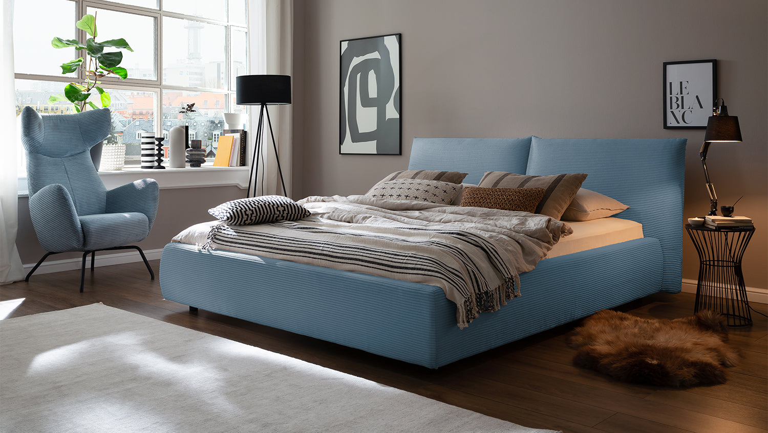 KAWOLA Bett HENRY Polsterbett Cord hellblau