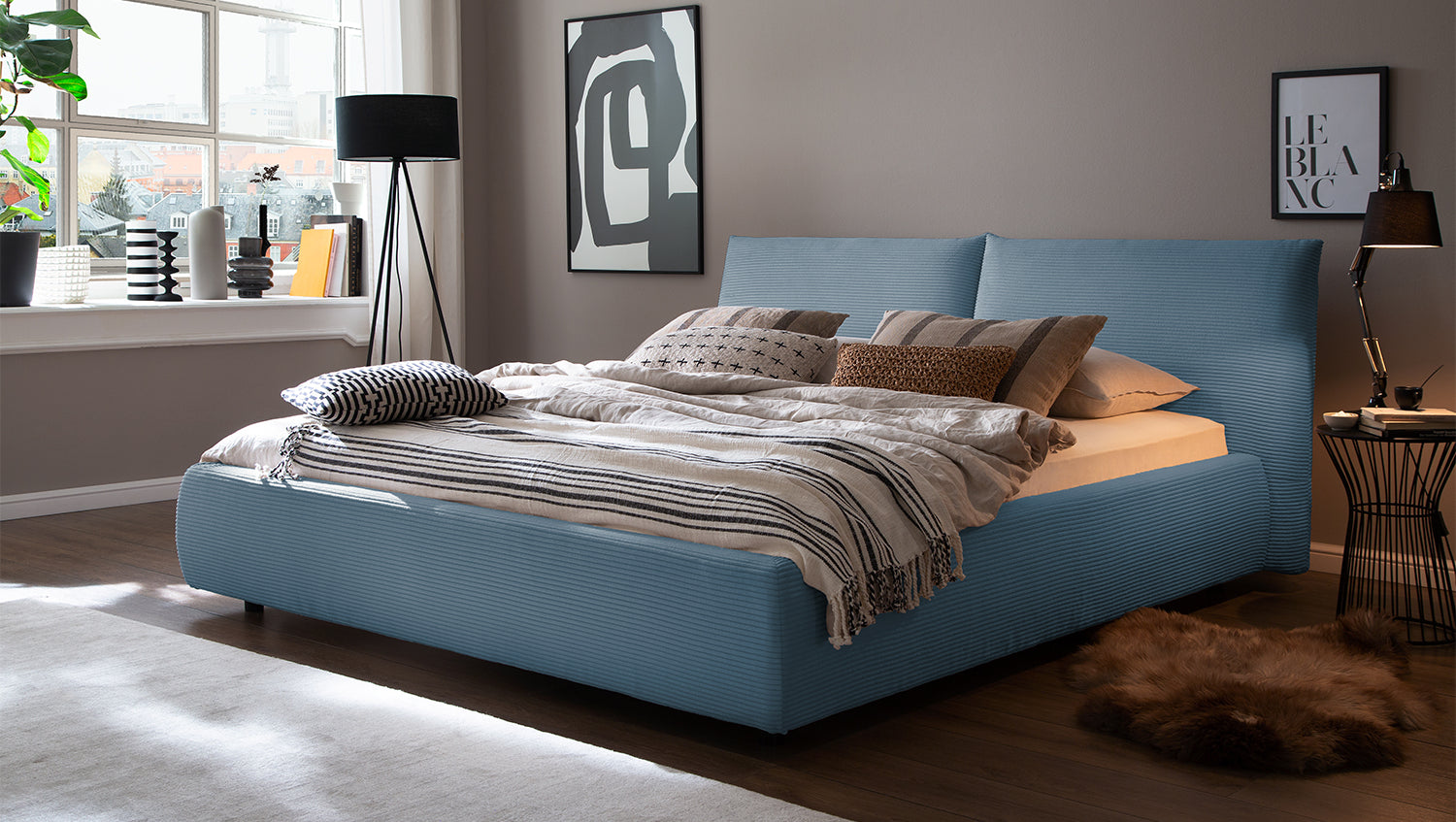 KAWOLA Bett HENRY Polsterbett Cord hellblau, 200 x 200 cm