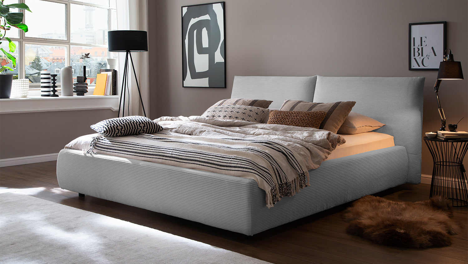 KAWOLA Bett HENRY Polsterbett Cord hellgrau, 200 x 200 cm